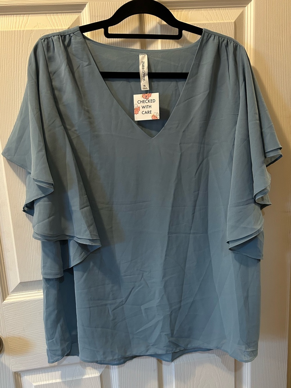 Zenana Outfitters XL Light Blue Flutter Sleeve V-Neck Blouse 100% Polyester NWT